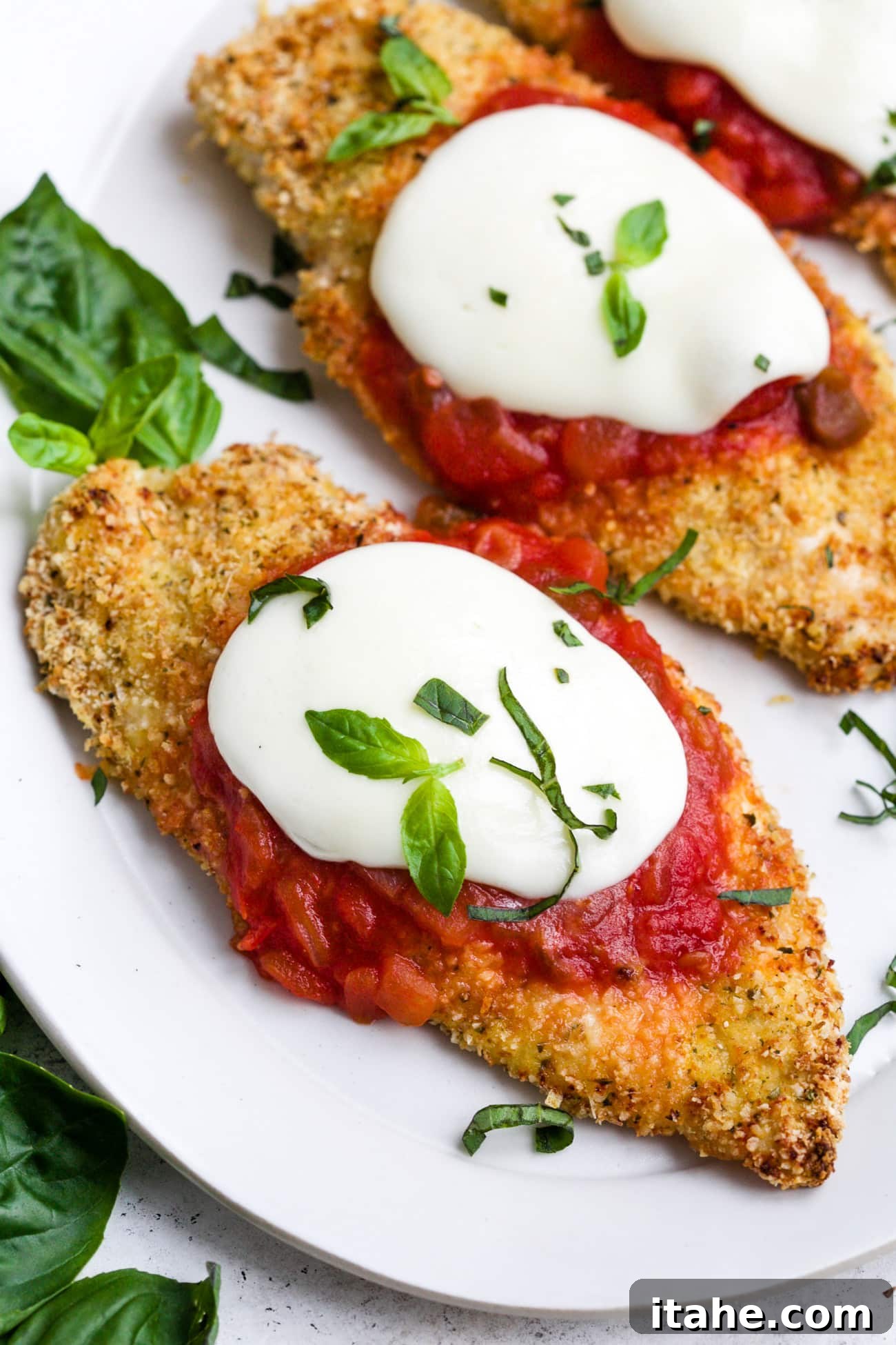 Crispy Baked Chicken Parmesan 6 A perfectly plated serving of baked chicken parmesan, garnished with fresh basil, ready to be enjoyed on a white dish.