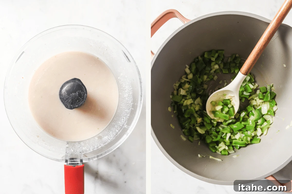 Left image shows white beans blended with chicken broth in a food processor for a creamy base. Right image shows diced onions, jalapeño, and poblano peppers sautéing in a pot, starting the aromatic foundation of the chili.