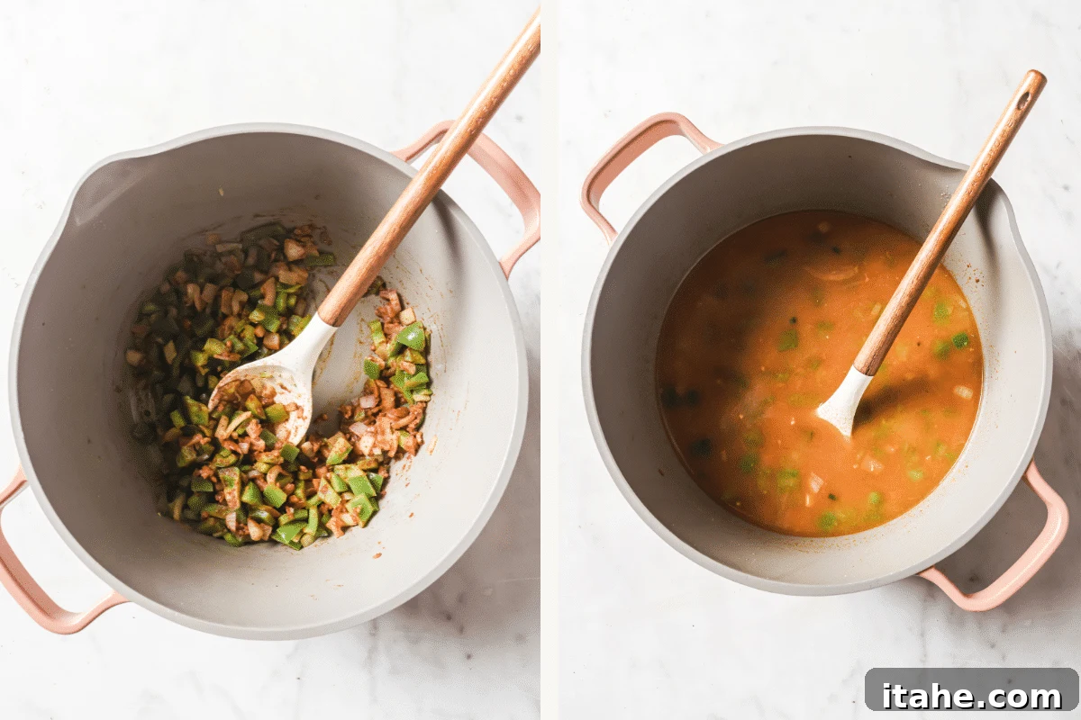 Left image shows spices being added to sautéed vegetables in a pot, infusing them with flavor. Right image shows chicken broth and puréed white beans poured into the pot, forming the creamy base of the chili, ready to simmer.