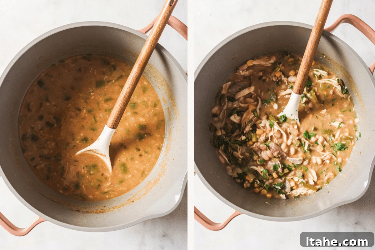 Left image shows the chili after it has simmered, with a rich and creamy base. Right image shows shredded rotisserie chicken, whole white beans, and frozen corn added to the pot, ready to be incorporated for the final stage of cooking.