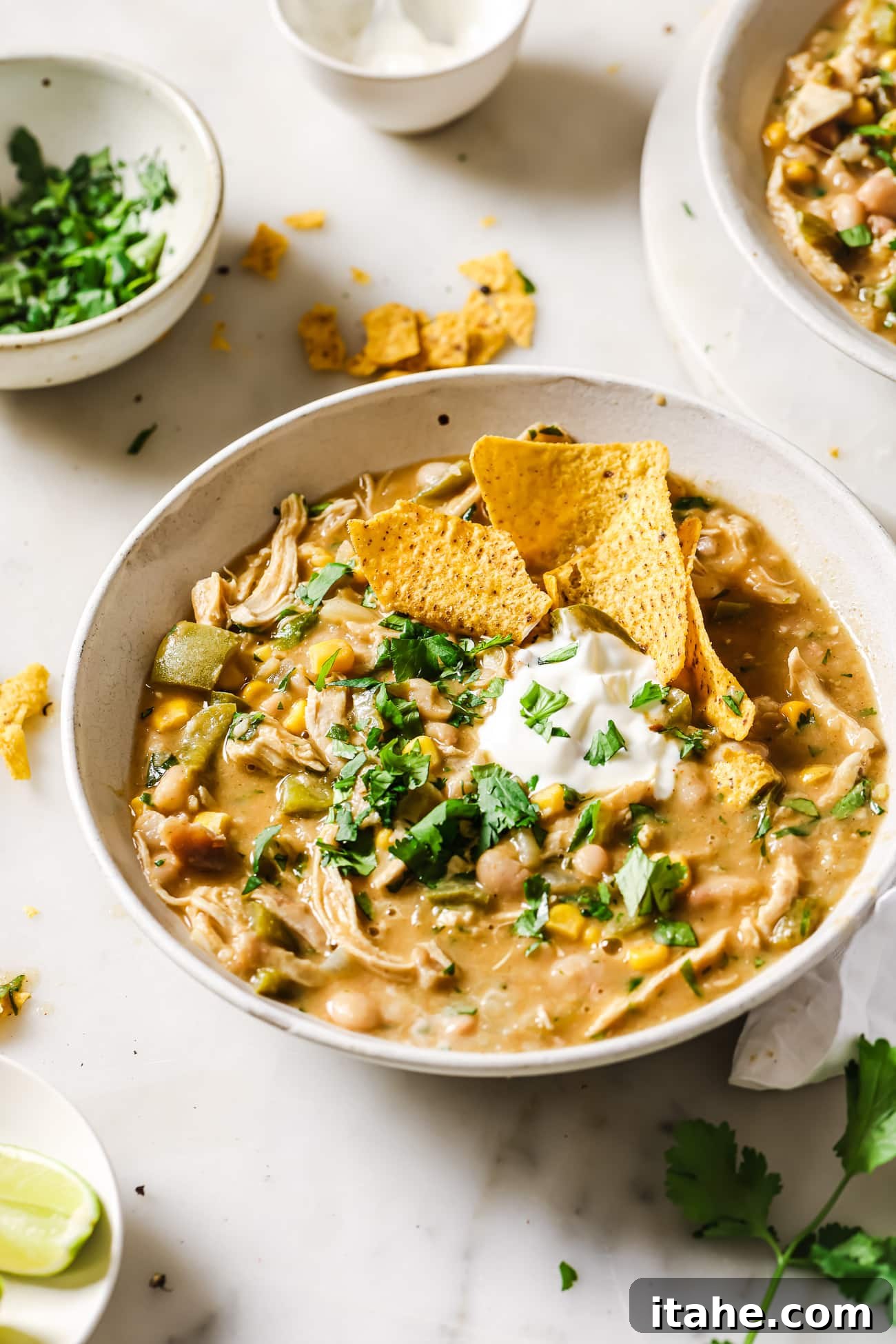 A vibrant bowl of White Chicken Chili, generously garnished with fresh cilantro, creamy avocado, and crunchy tortilla chips, ready to be enjoyed.