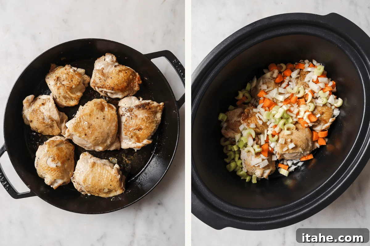 Left: Chicken searing in a skillet. Right: Chicken and mirepoix vegetables placed in the slow cooker.