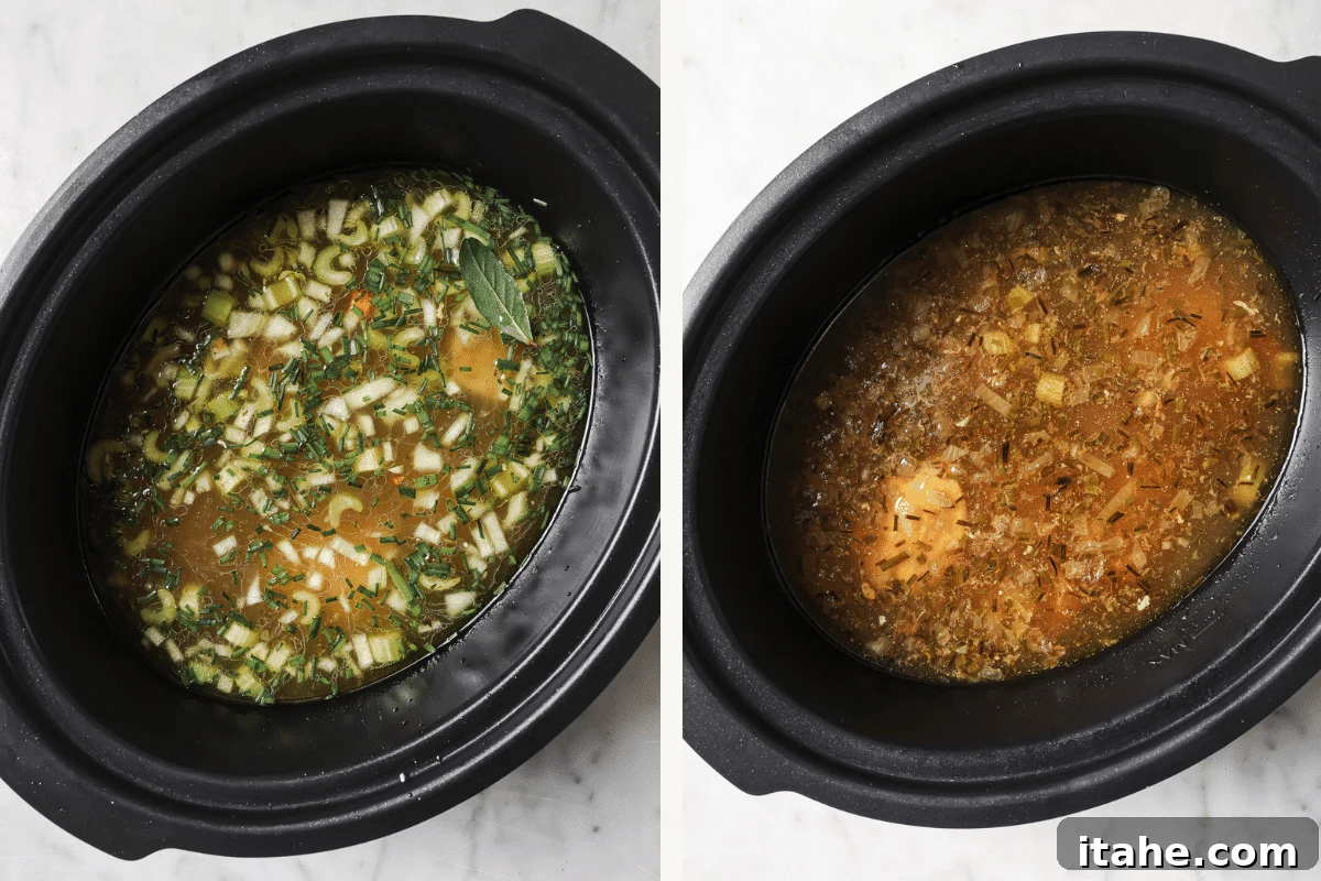 Left: Chicken broth and fresh herbs are added to the slow cooker. Right: The soup ingredients after simmering, with tender chicken and softened vegetables.