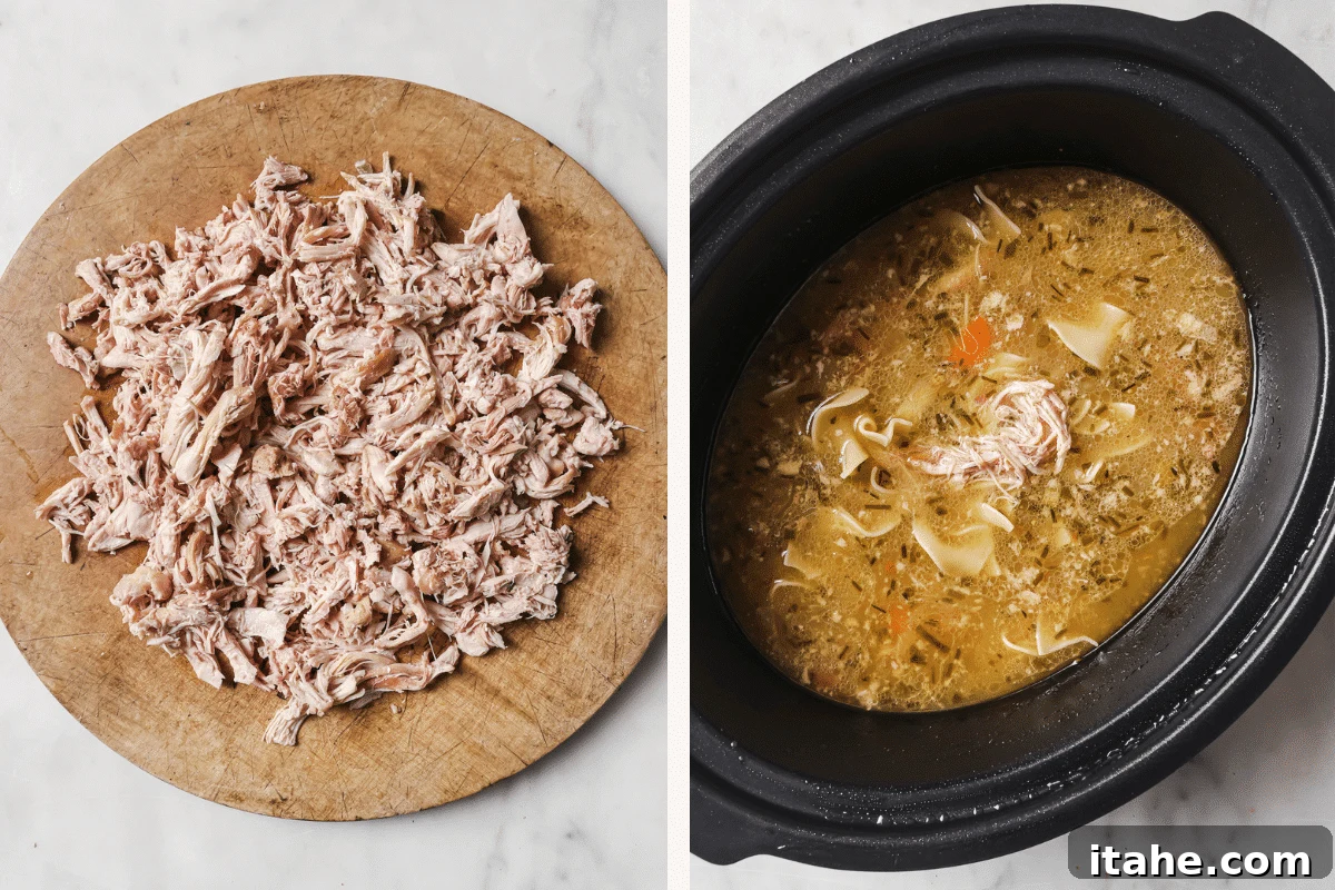 Left: A cutting board with freshly shredded chicken. Right: The shredded chicken is added back into the slow cooker with the vegetables and broth.