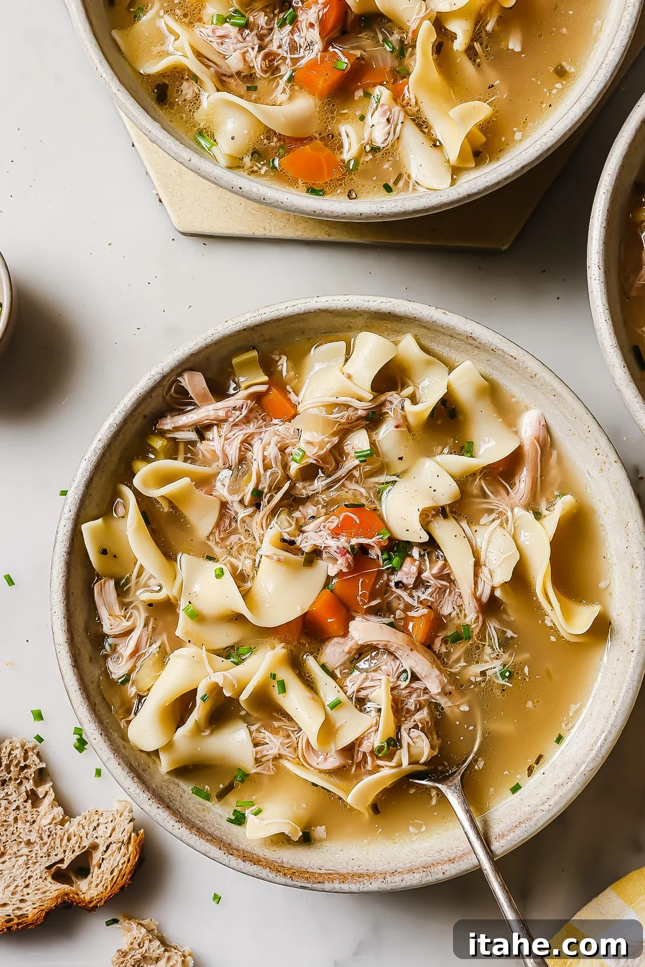 A bowl of slow cooker chicken noodles garnished with chives, invitingly presented.