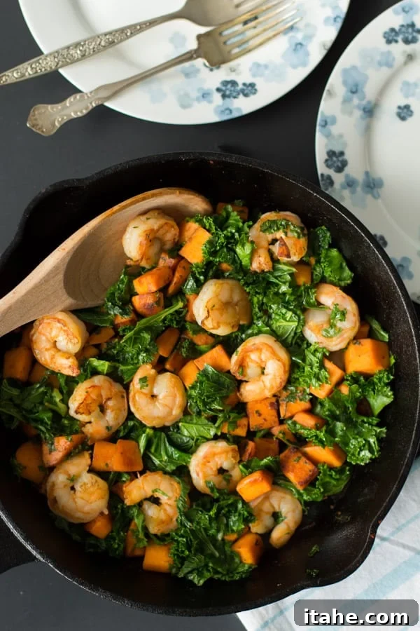 Sweet potato, Kale and Shrimp skillet
