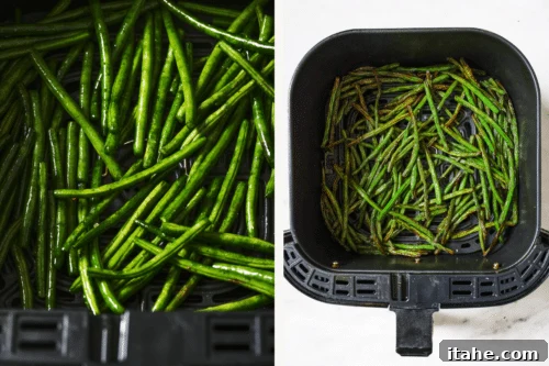 Perfectly Crispy Air Fryer Green Beans 12 raw green beans in an air fryer