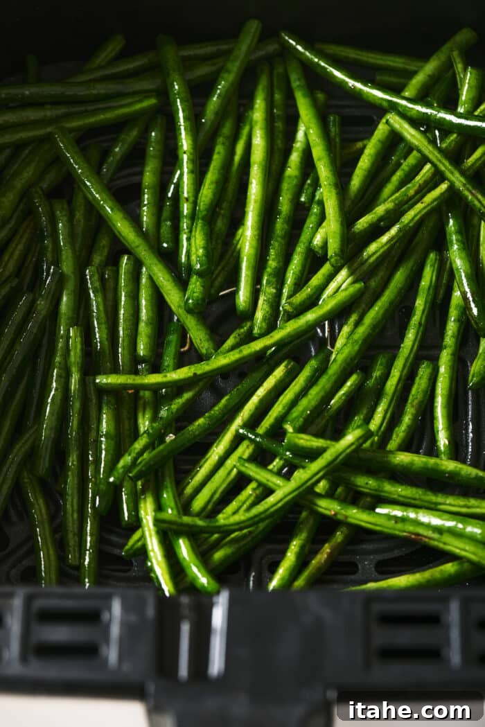 Perfectly Crispy Air Fryer Green Beans 5 Green beans arranged in a single layer in an air fryer basket.