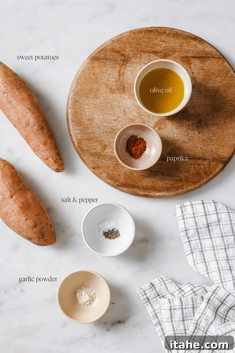 Perfectly Crispy Air Fryer Sweet Potato Fries 3 Small bowls of pre-measured ingredients.
