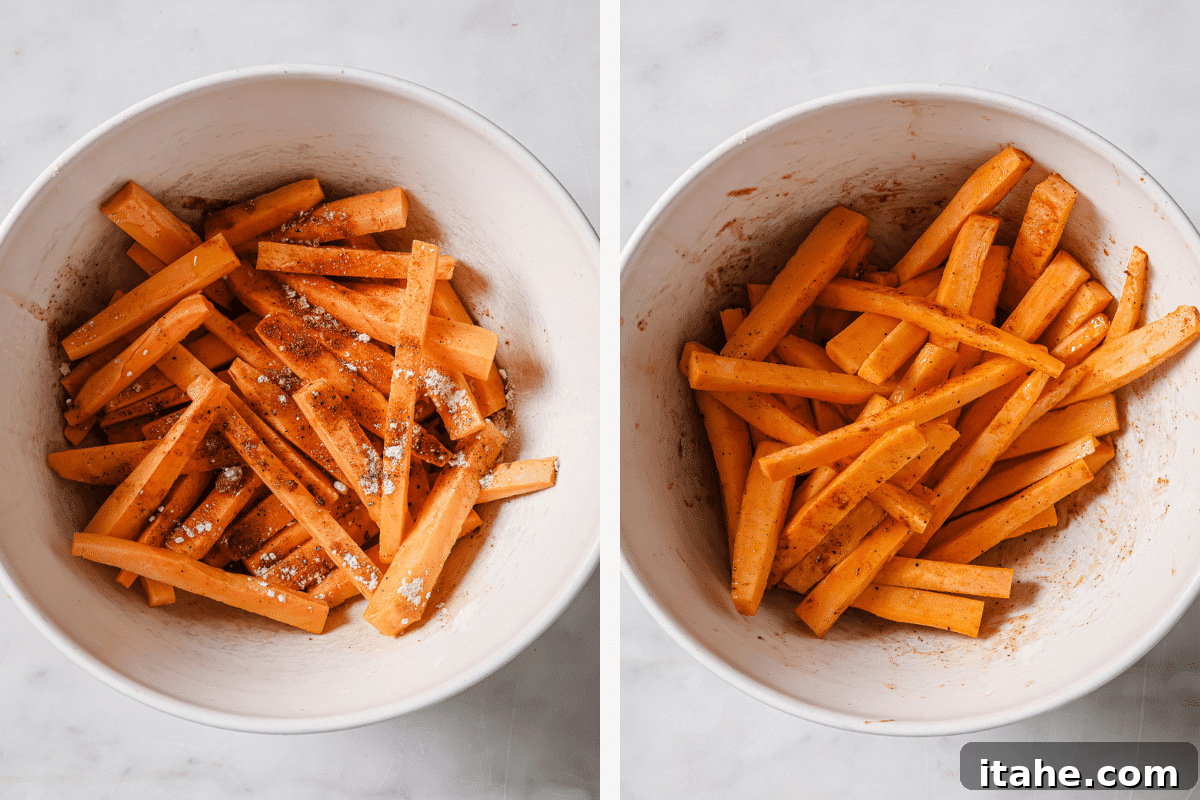 Perfectly Crispy Air Fryer Sweet Potato Fries 5 Left: Sweet potato sticks in a bowl with seasoning. Right: sticks and seasoning tossed together.