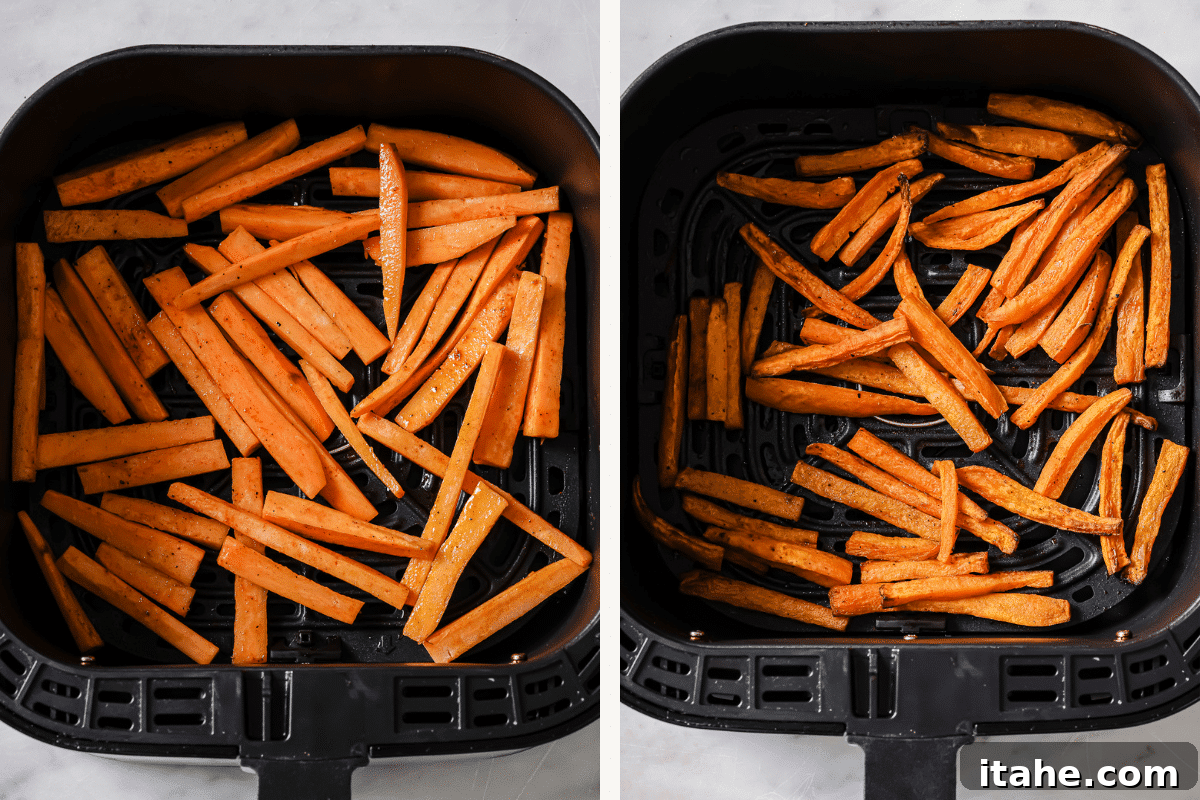 Perfectly Crispy Air Fryer Sweet Potato Fries 6 Left: sweet potato sticks in air fryer basket. Right: cooked fries in the same basket.