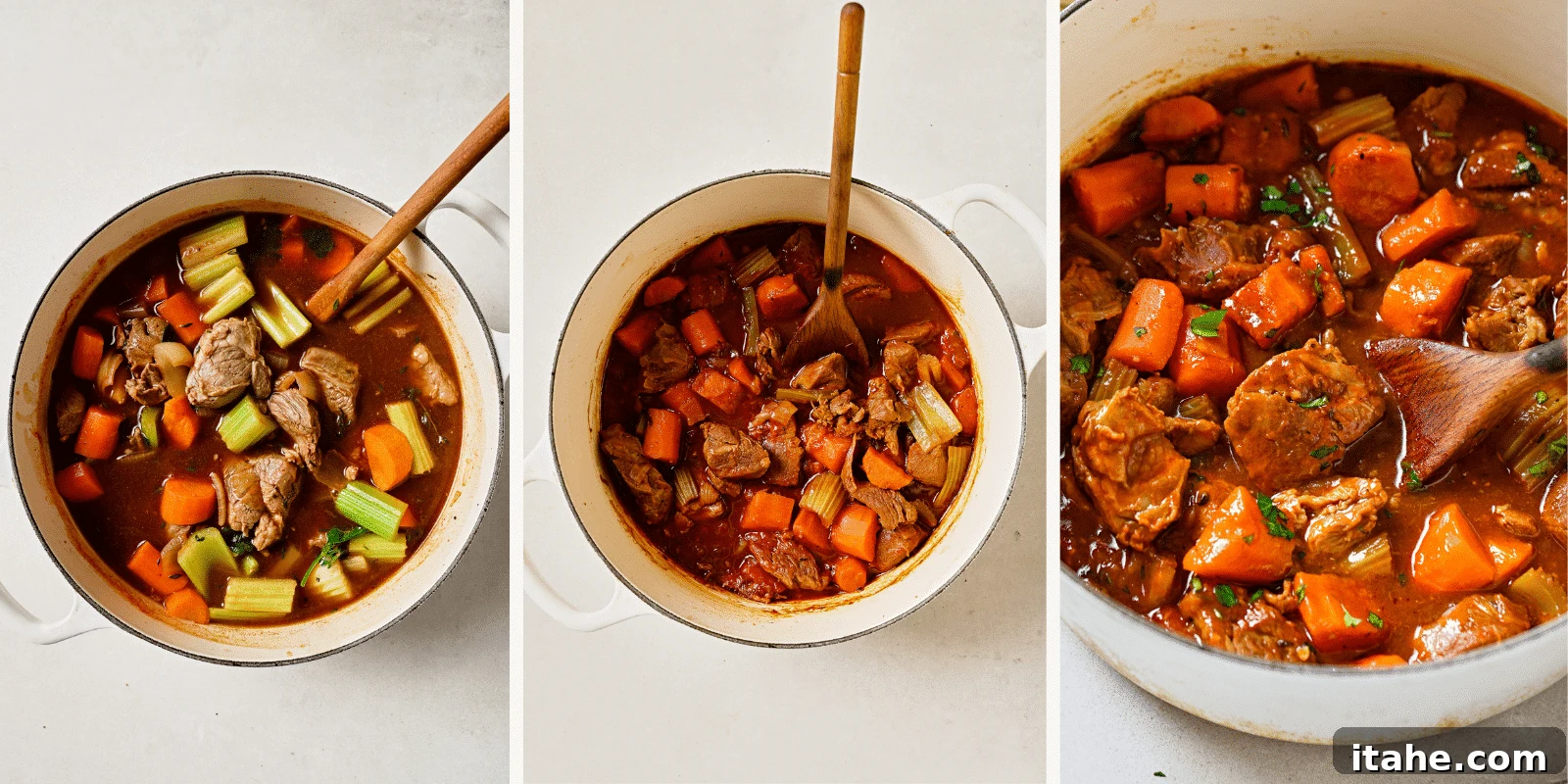 Hearty Lamb Stew 5 Left: all ingredients in a pot. Center: simmered stew. Right: a pot of finished stew.