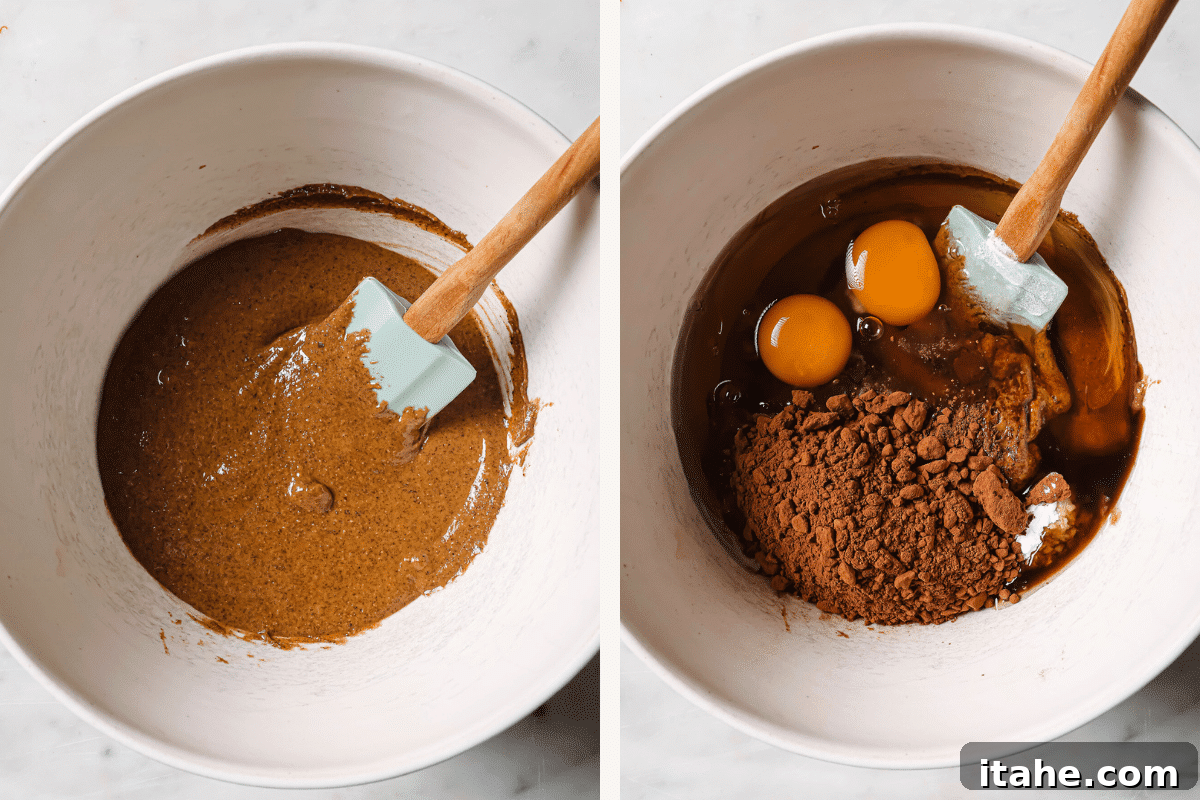 Left: almond butter in a bowl. Right: remaining ingredients added, besides chocolate chips. 