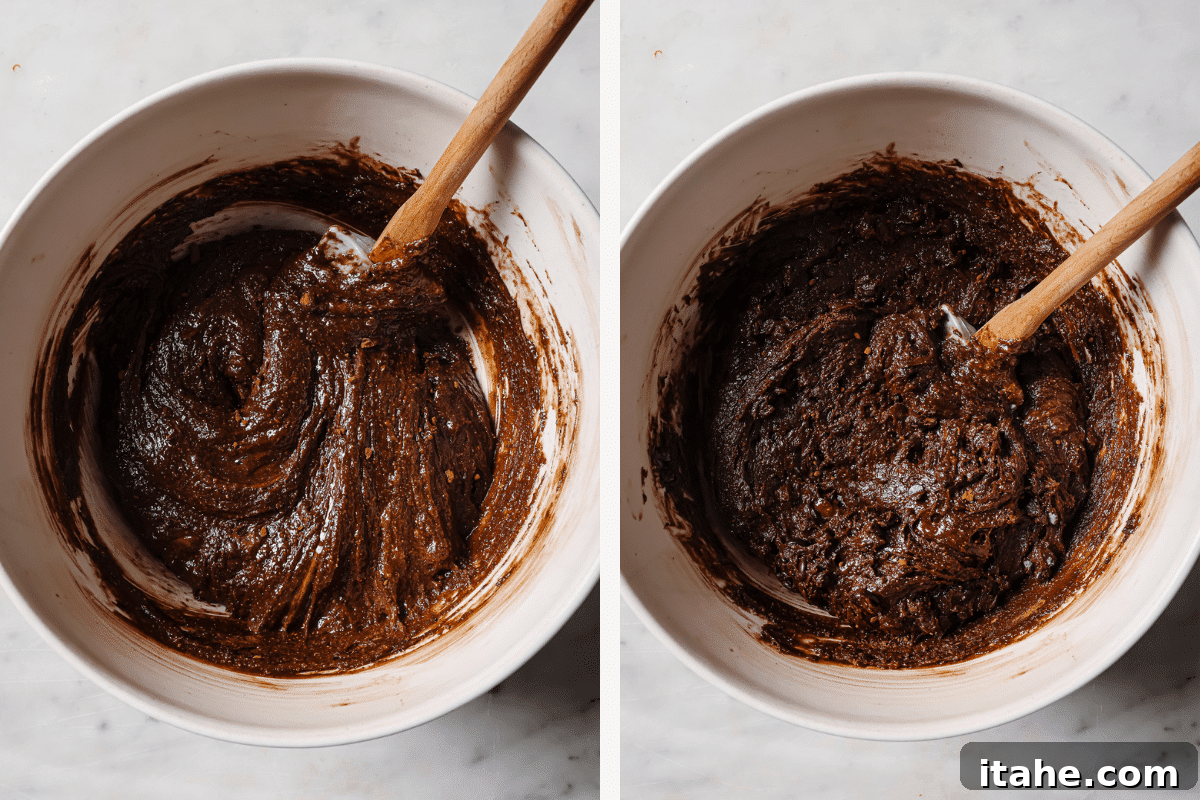 Left: mixed brownie batter. Right: chocolate chips added. 