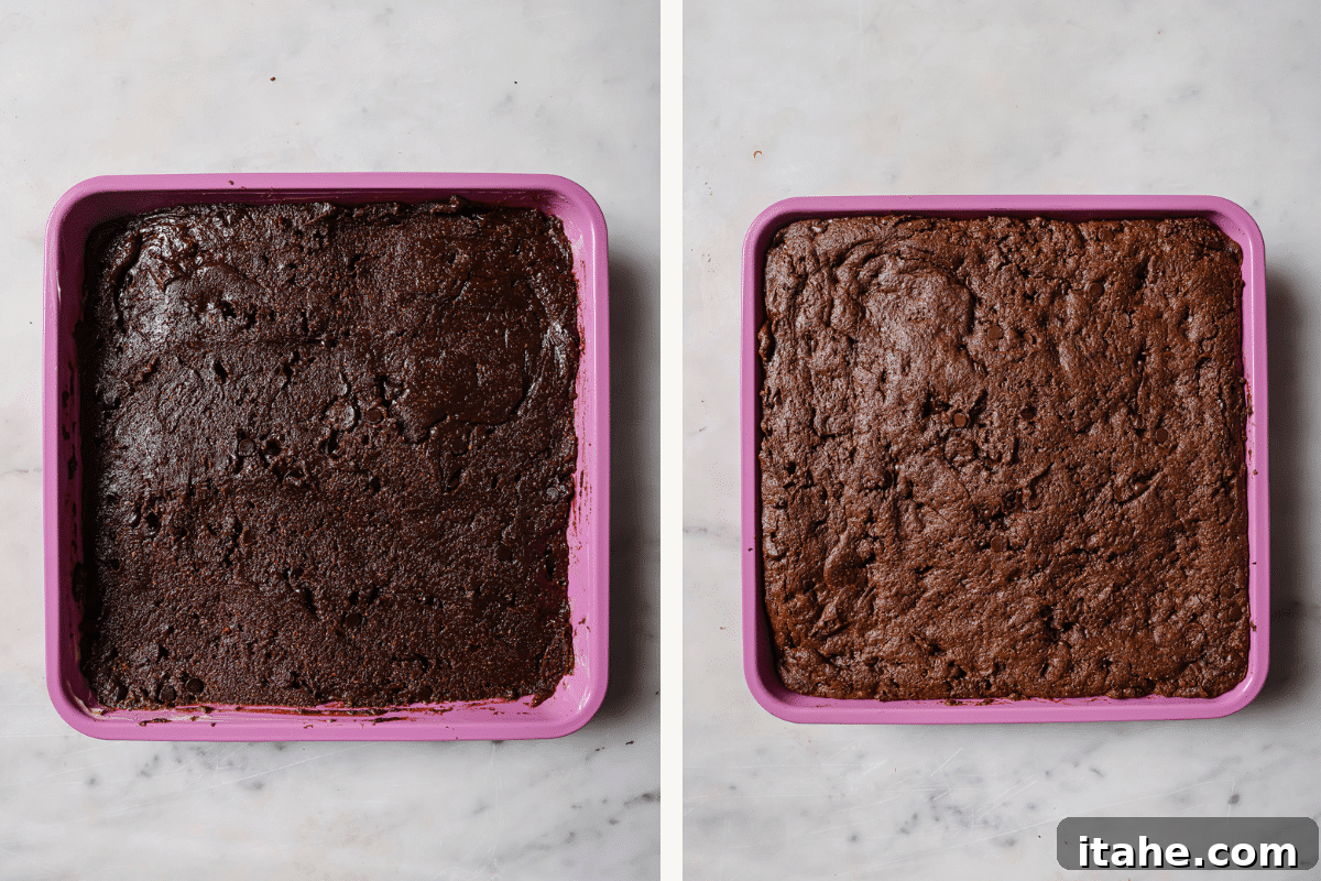 Left: brownie batter in a baking pan. Right: brownies after they've baked.