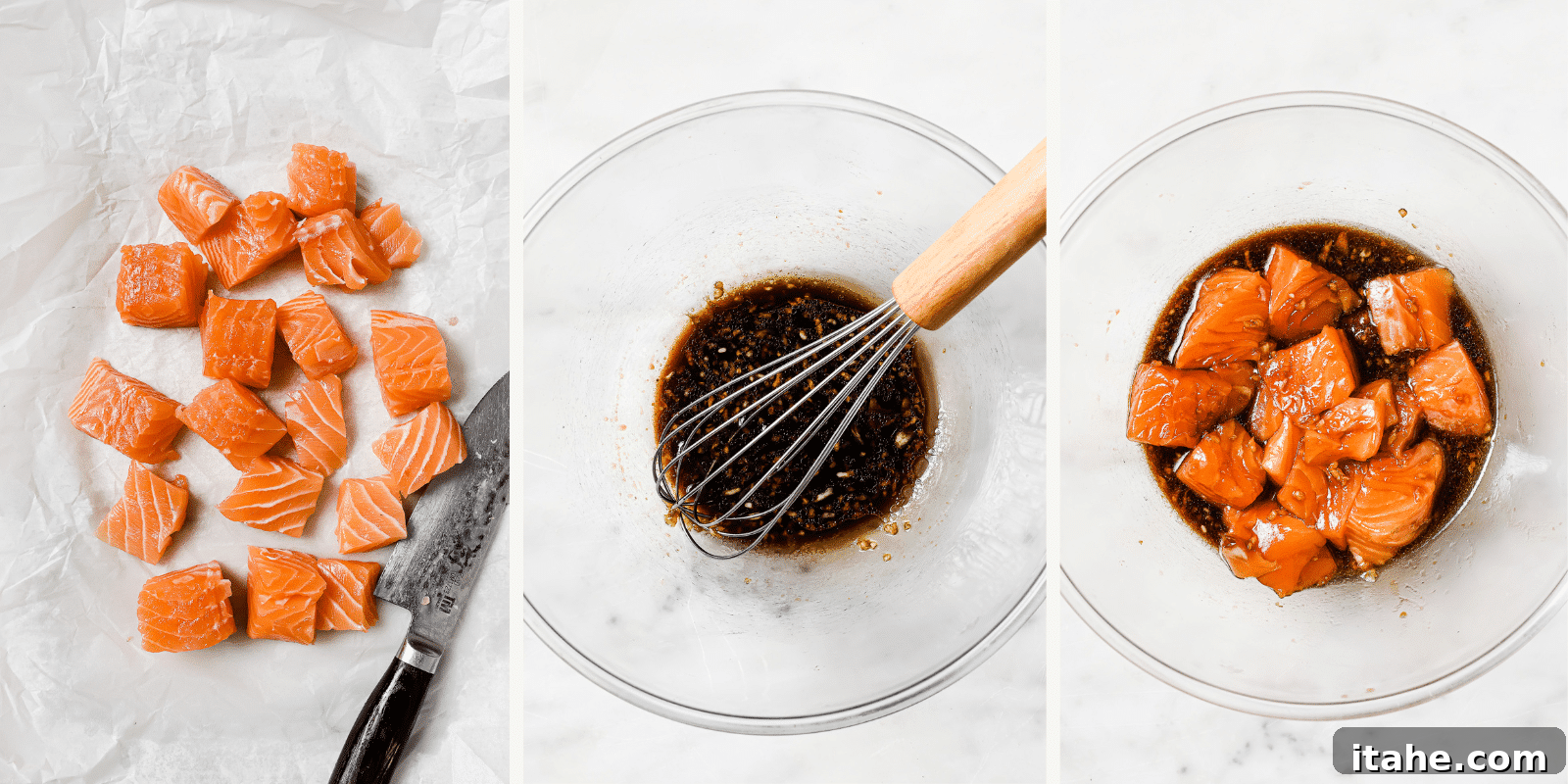 Golden Air Fryer Salmon Bites 4 Left: raw salmon cut into uniform pieces. Center: the prepared marinade in a bowl. Right: salmon pieces marinating in the sauce.