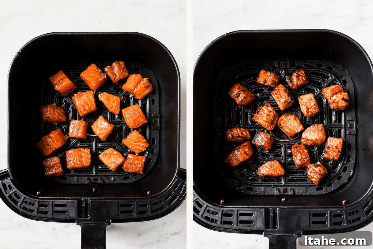 Golden Air Fryer Salmon Bites 5 Left: uncooked marinated salmon bites arranged in an air fryer basket. Right: perfectly cooked, golden-brown salmon bites in the air fryer.