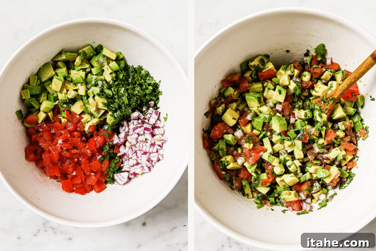 Two images: Left shows avocado salsa ingredients in a bowl before mixing, Right shows all ingredients mixed together.