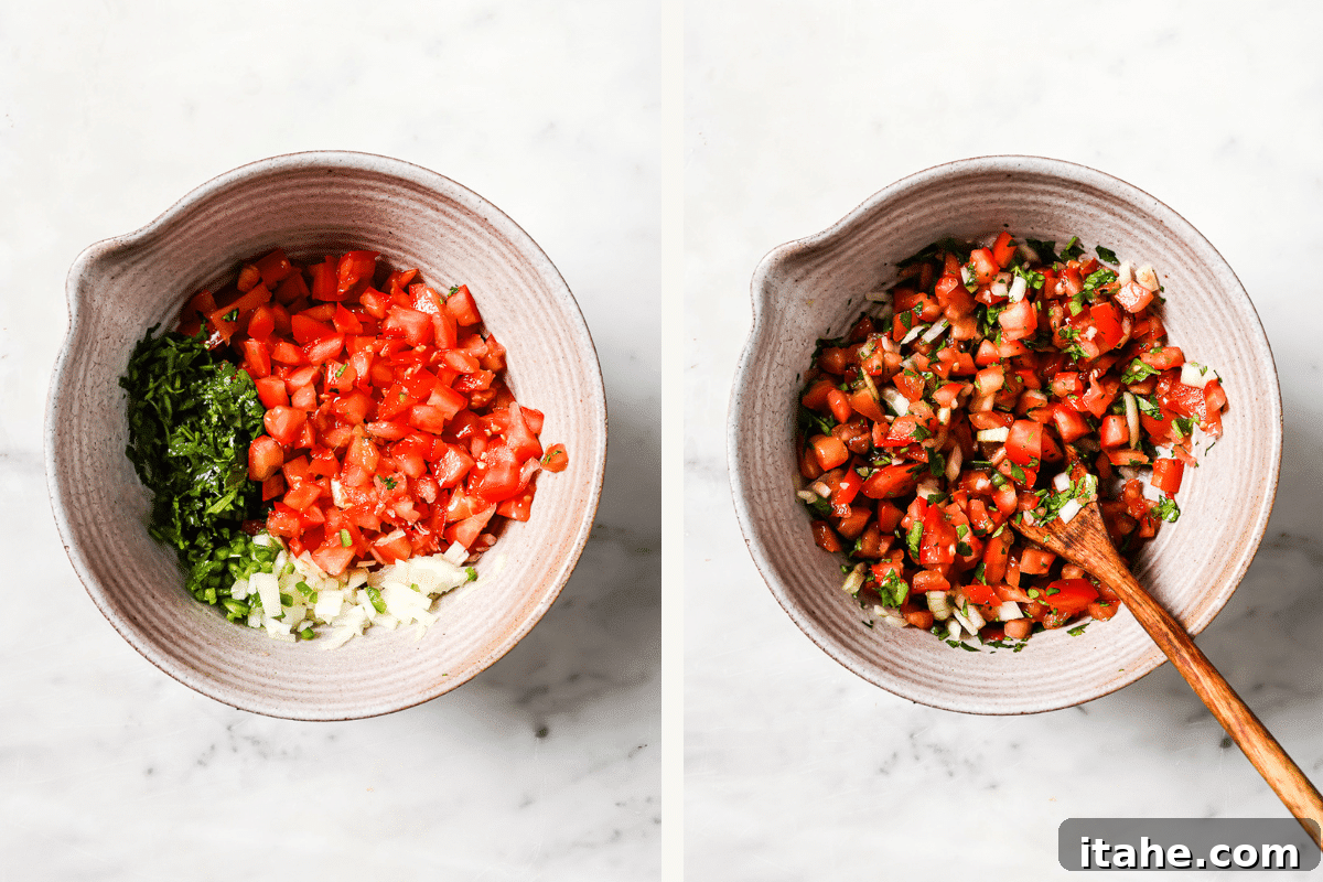 Left: diced ingredients in a mixing bowl. Right: pico de gallo mixed together.