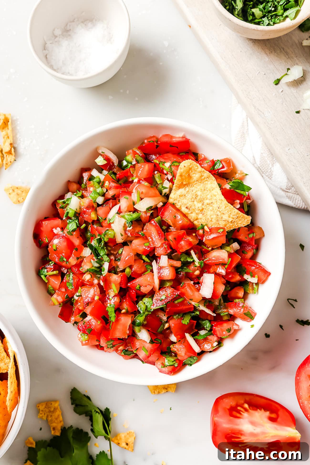 A bowl of homemade pico de gallo with a tortilla chip in it.