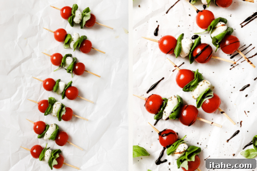 Caprese skewers on a parchment paper.