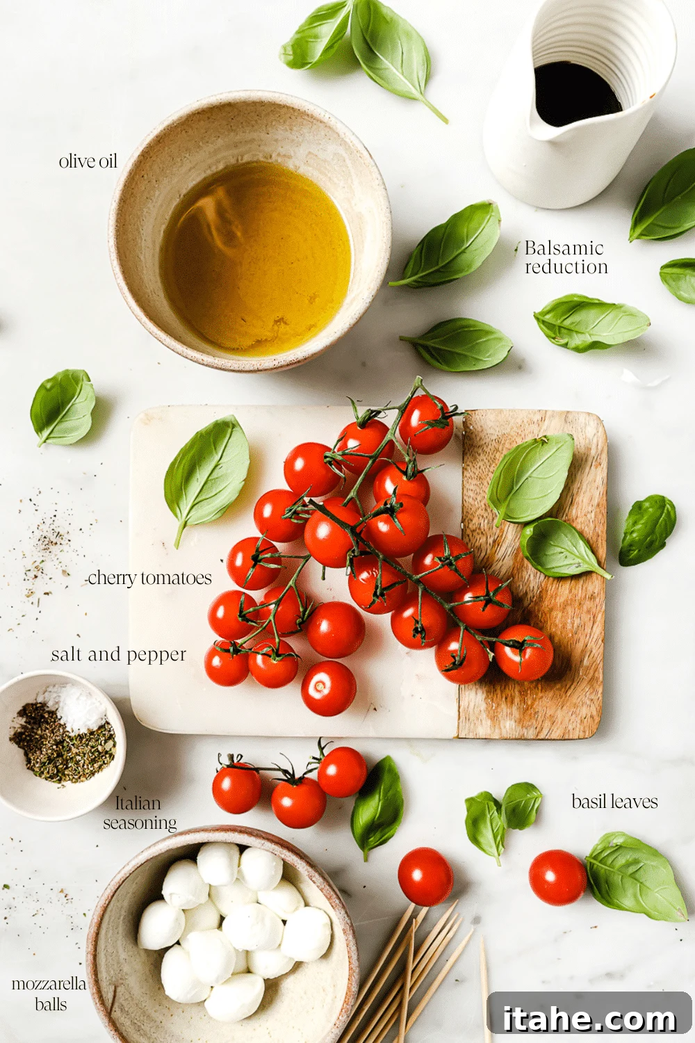 Pre-measured ingredients on a white marble countertop.