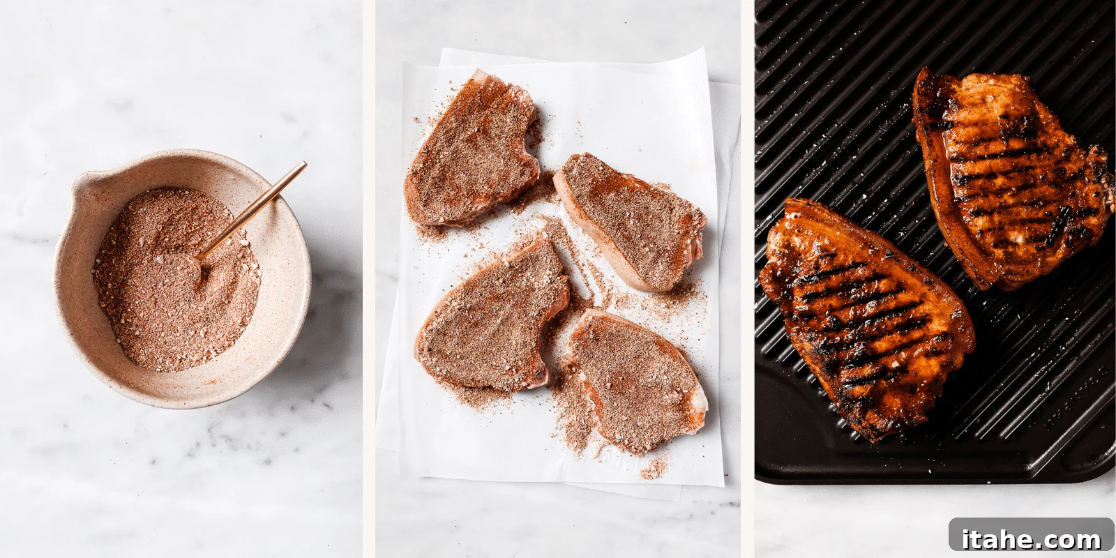 Left: a bowl of seasonings. Center: seasoned pork chops. Right: pork chops on a grill.