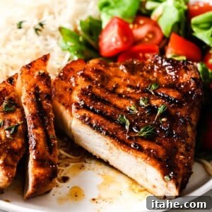 closeup of grilled pork chops on a plate with rice and salad