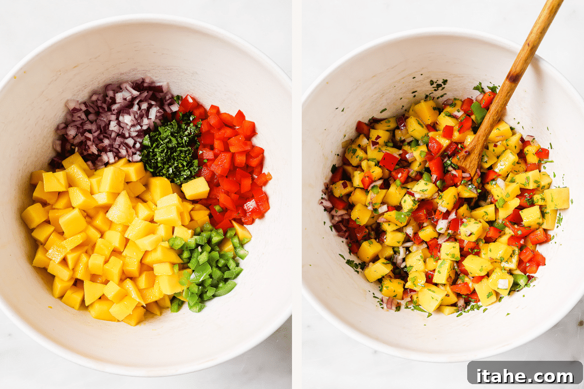 Tropical Mango Salsa 4 Left: a bowl filled with freshly chopped mango salsa ingredients. Right: a finished bowl of vibrant mango salsa, ready to be served.