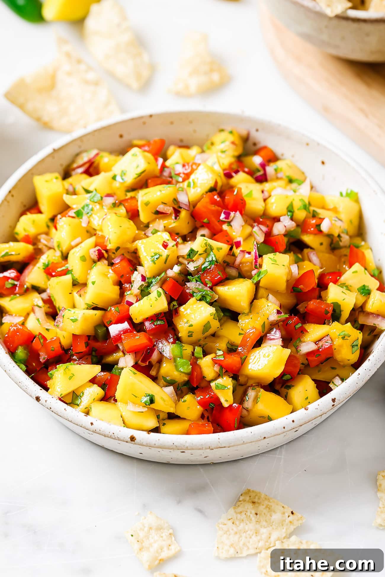 Tropical Mango Salsa 5 An overhead view of a large white bowl filled with vibrant, fresh mango salsa, garnished with cilantro.