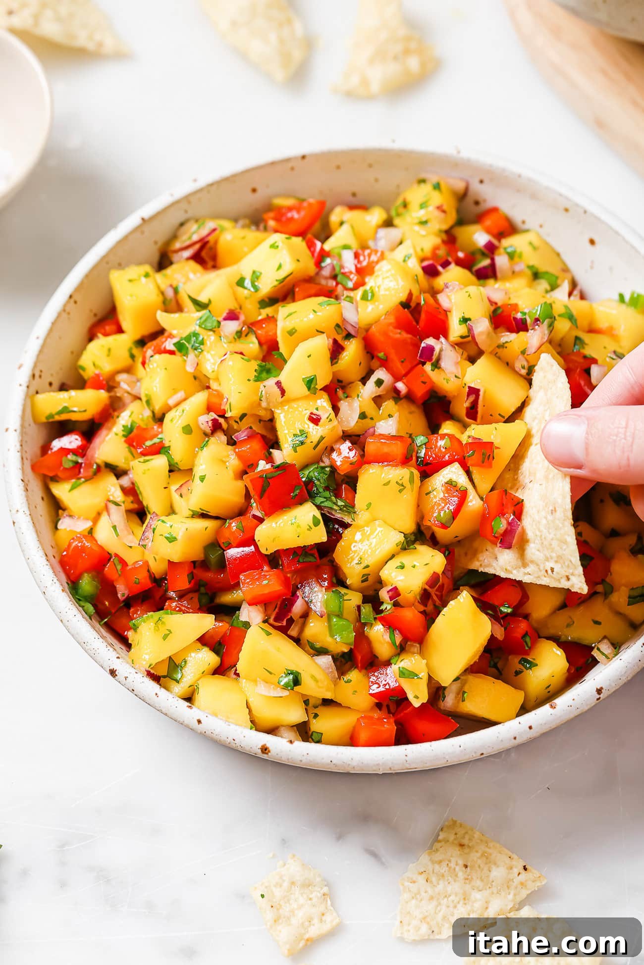 Tropical Mango Salsa 6 An overhead view of a tortilla chip scooping vibrant pineapple salsa out of a white bowl, showing the diced fruit and herbs.
