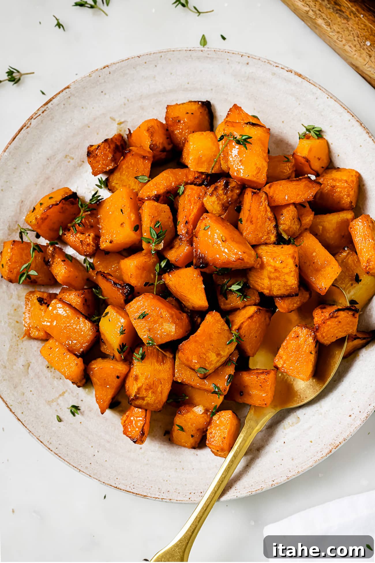 Air fryer butternut squash topped with fresh thyme on a wooden board, ready to be enjoyed.