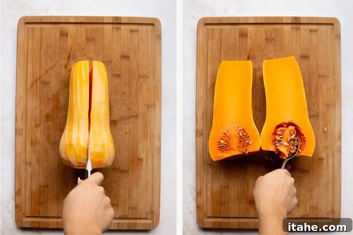 Left: Peeled butternut squash on a wooden board. Right: Scooping the seeds with a spoon, demonstrating the removal of pulp.