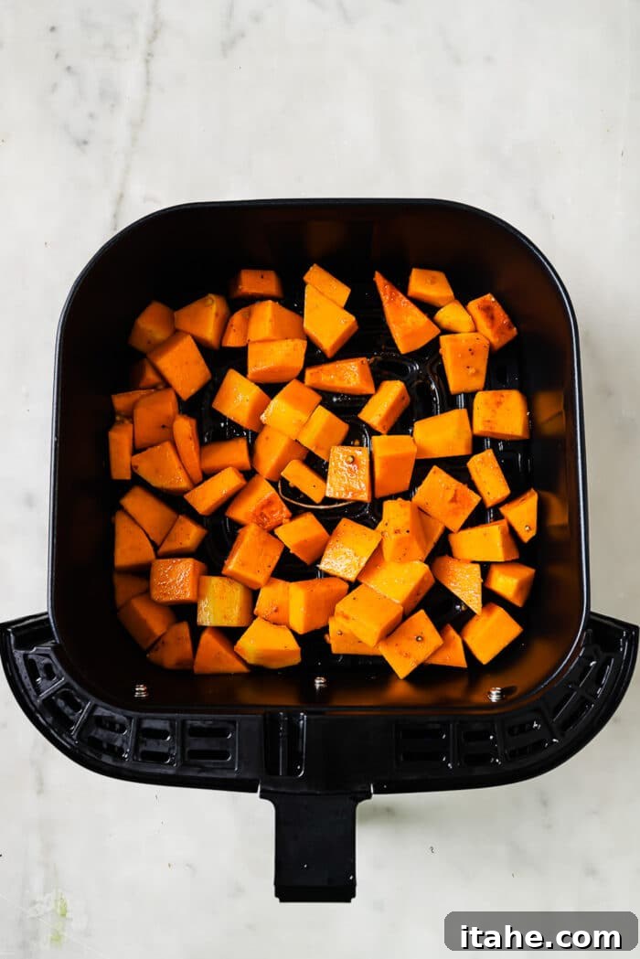 An overhead view of butternut squash cubes arranged in a single layer in an air fryer basket, ready for cooking.