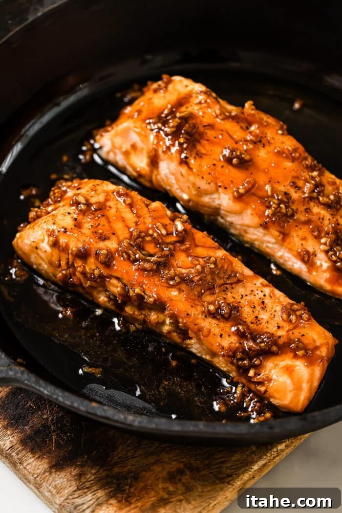 Garlic Honey Glazed Salmon 7 Honey garlic sauce poured over the salmon fillets.