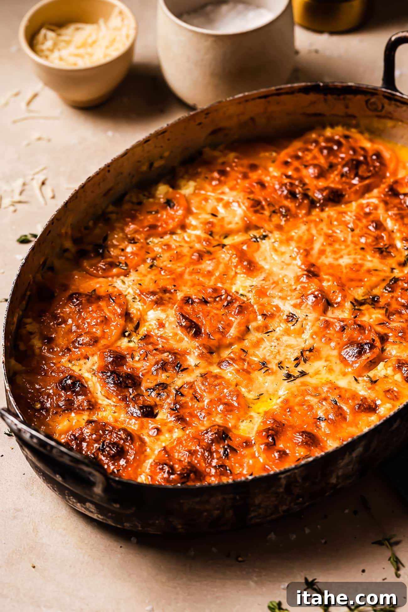 An overhead view of sweet potato gratin in an oval baking dish, showcasing its golden-brown top and creamy layers.