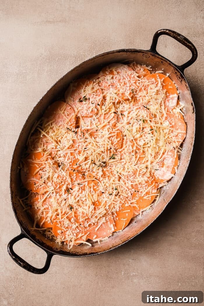 Cheese, cream, and seasonings added to a layer of potato slices in a baking dish.