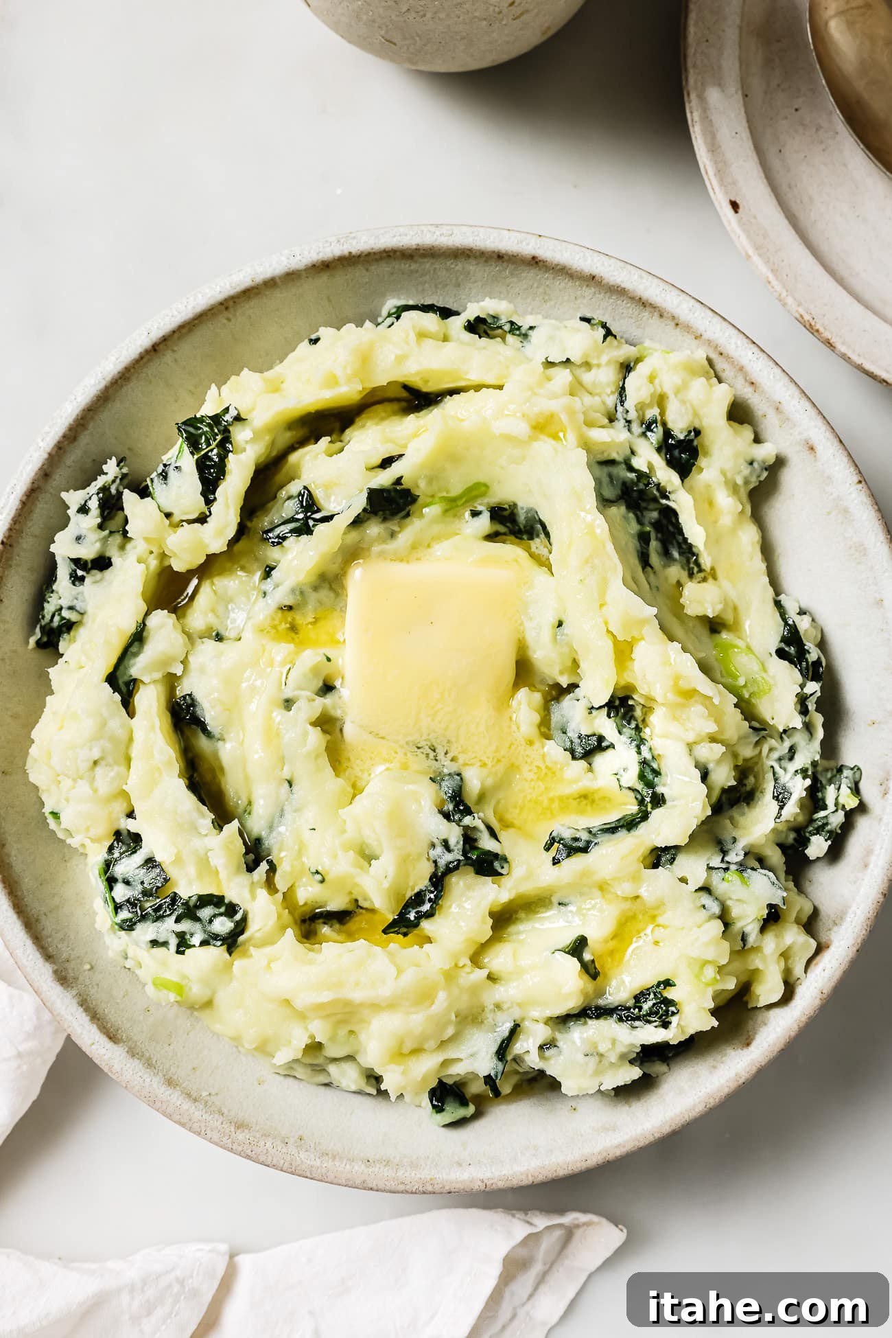 overhead view of colcannon in a bowl