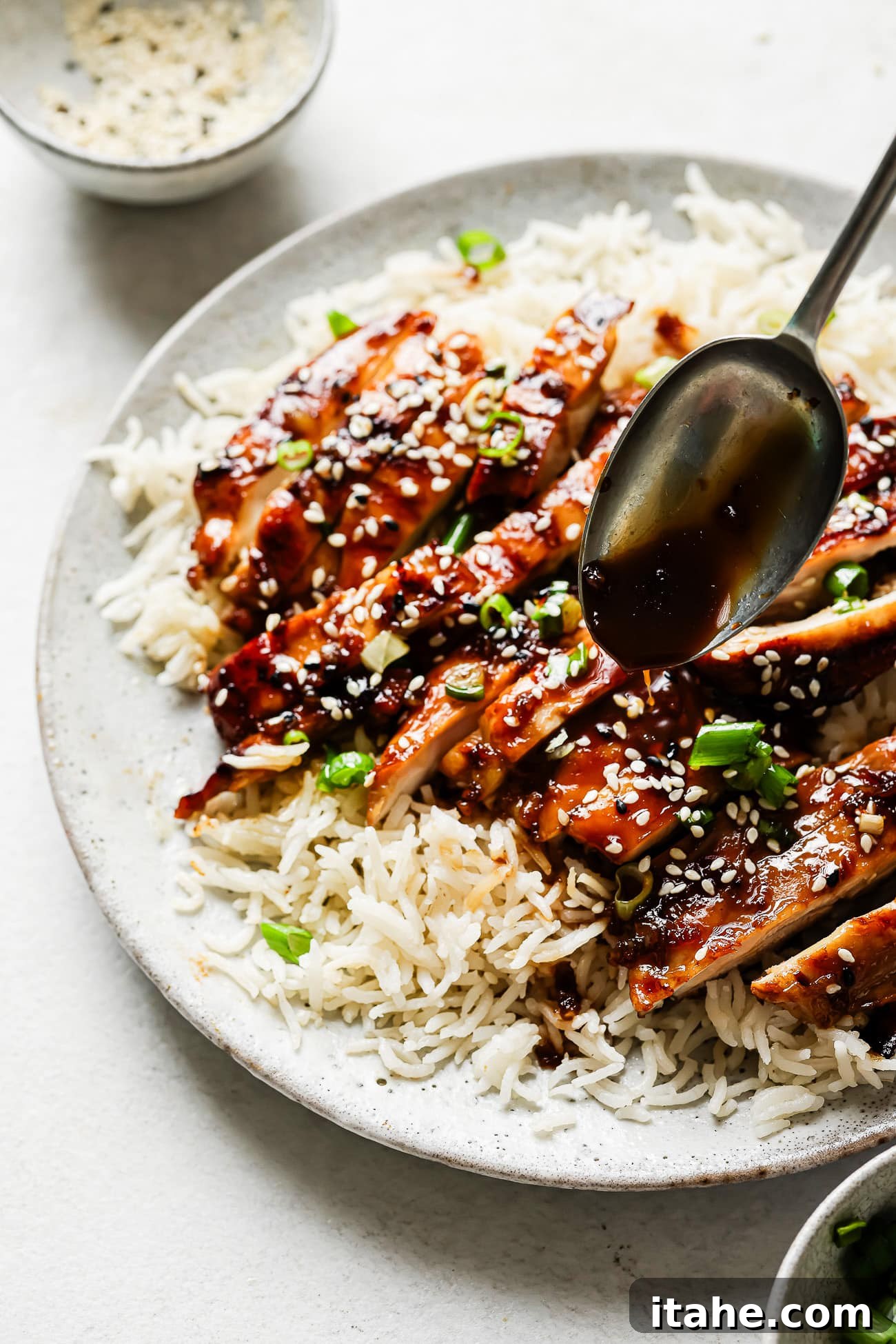 Teriyaki chicken on a bed of rice.