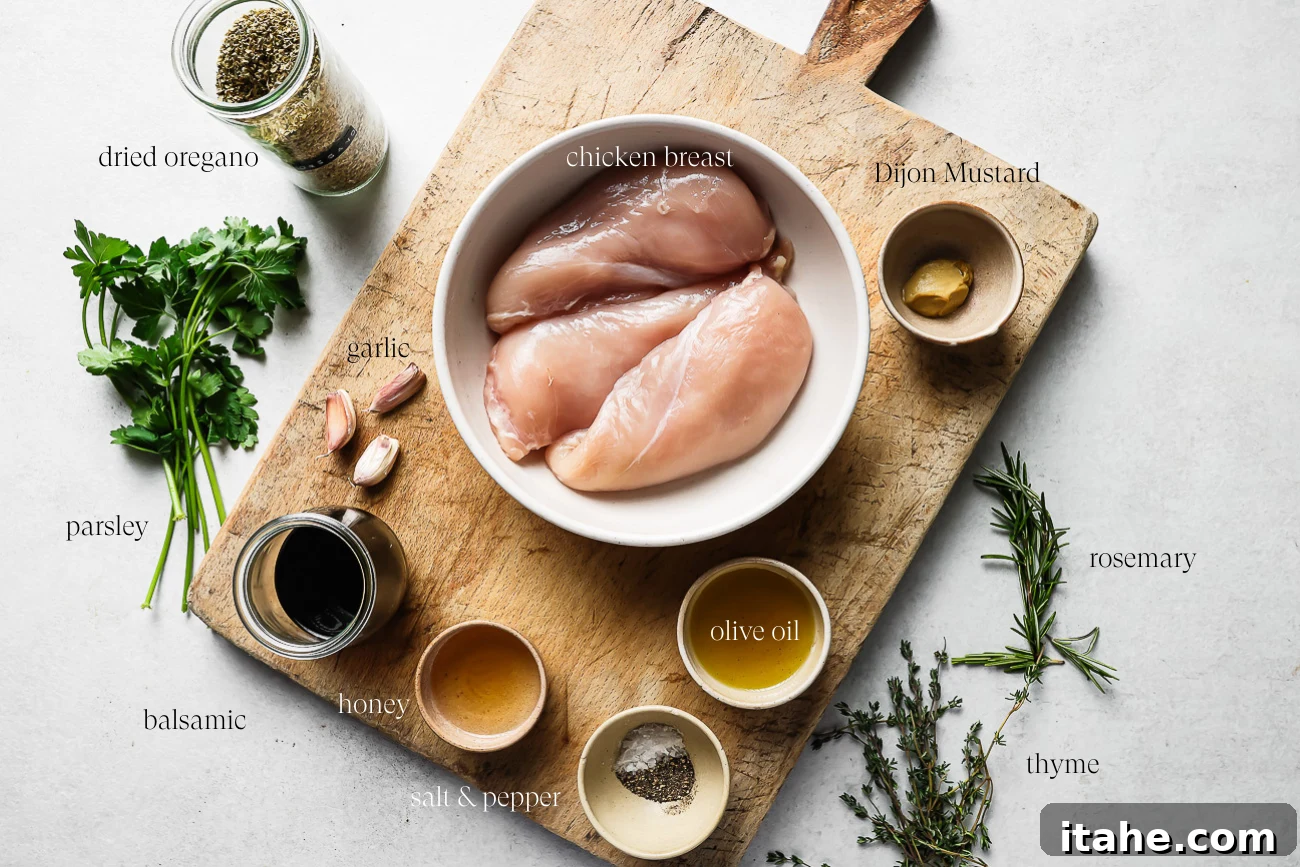 Sweet and Tangy Balsamic Chicken 3 various ingredients to make balsamic chicken laid out on a countertop.