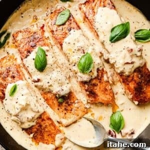 Marry Me Salmon in a cast iron skillet, with a creamy sauce and fresh basil.