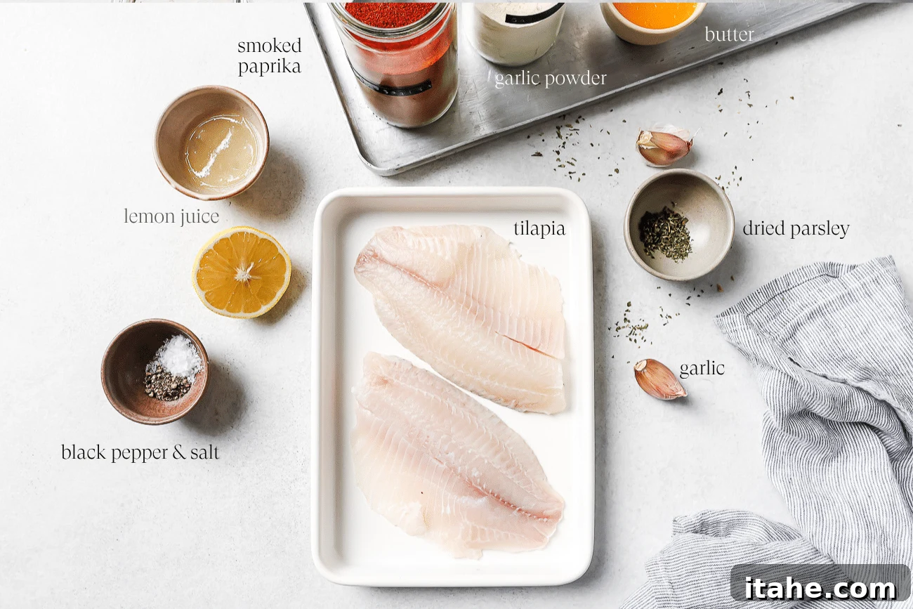 overhead view of the ingredients to make air fryer tilapia on a countertop