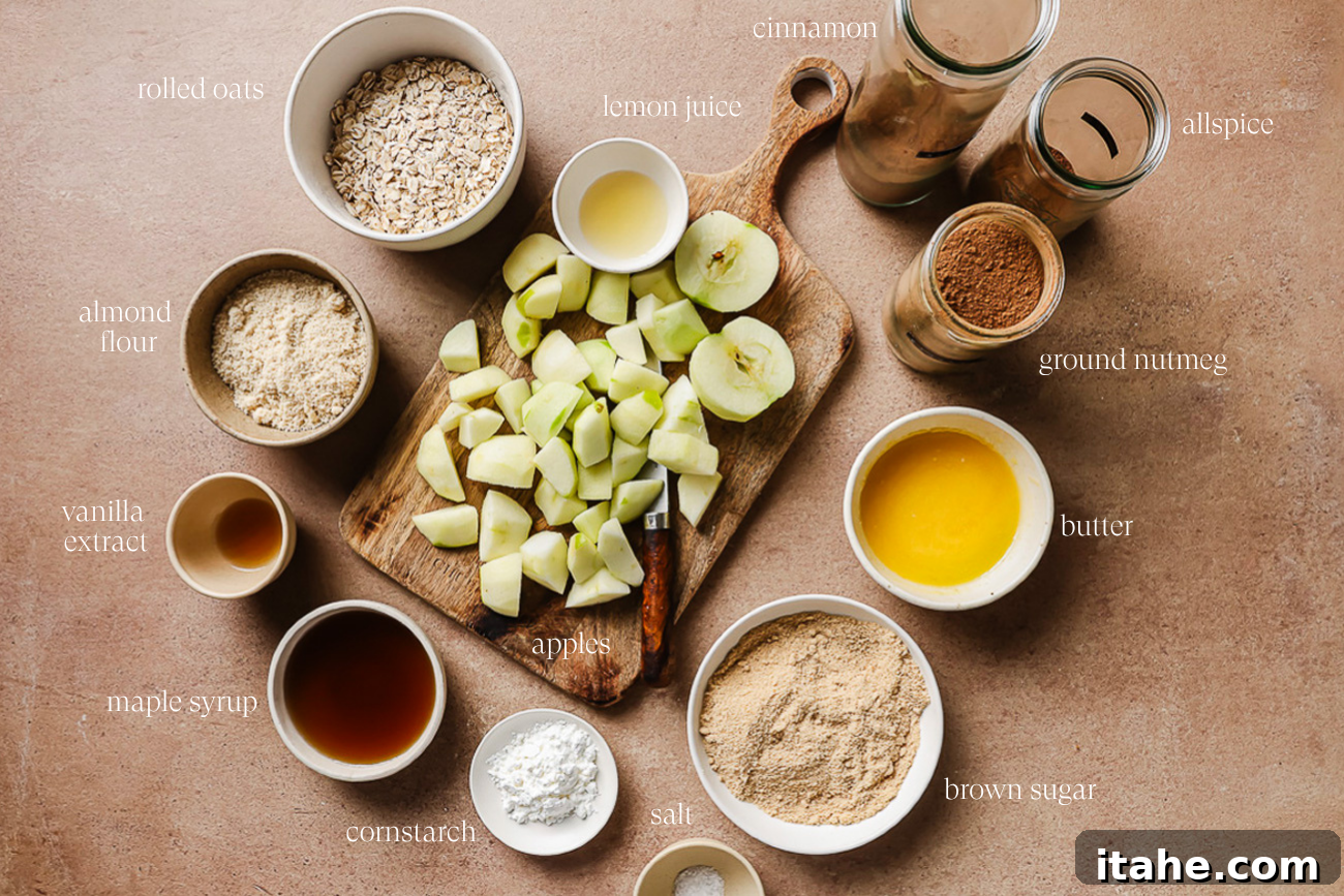 Ingredients for making gluten-free apple crisp displayed on a kitchen countertop.