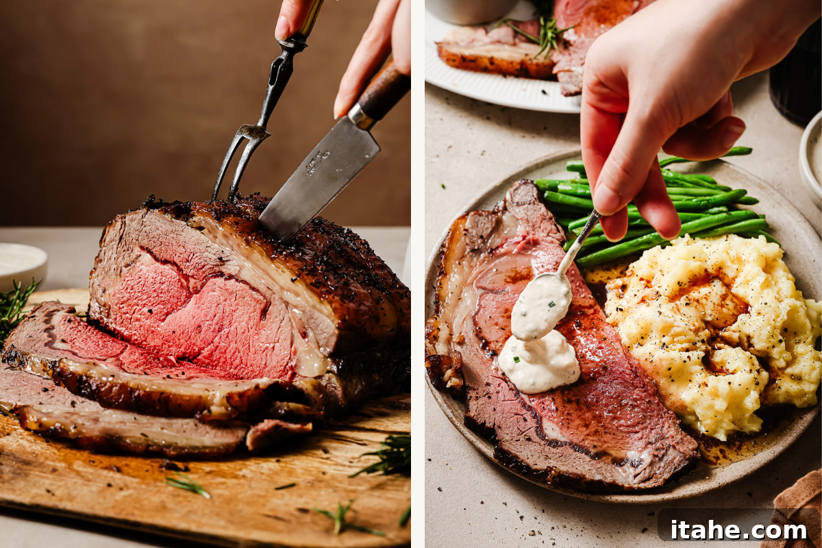 Left: prime rib sliced on a wooden board with rosemary. Right: Prime rib plated with mashed potatoes, green beans, and creamy horseradish sauce — a perfect holiday dinner.