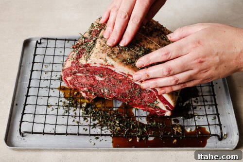 Raw prime rib roast on a wire rack, marinated with Worcestershire sauce and herbs, ready for the reverse sear method