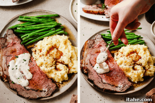 Prime rib plated with mashed potatoes, green beans, and creamy horseradish sauce — a perfect holiday dinner.