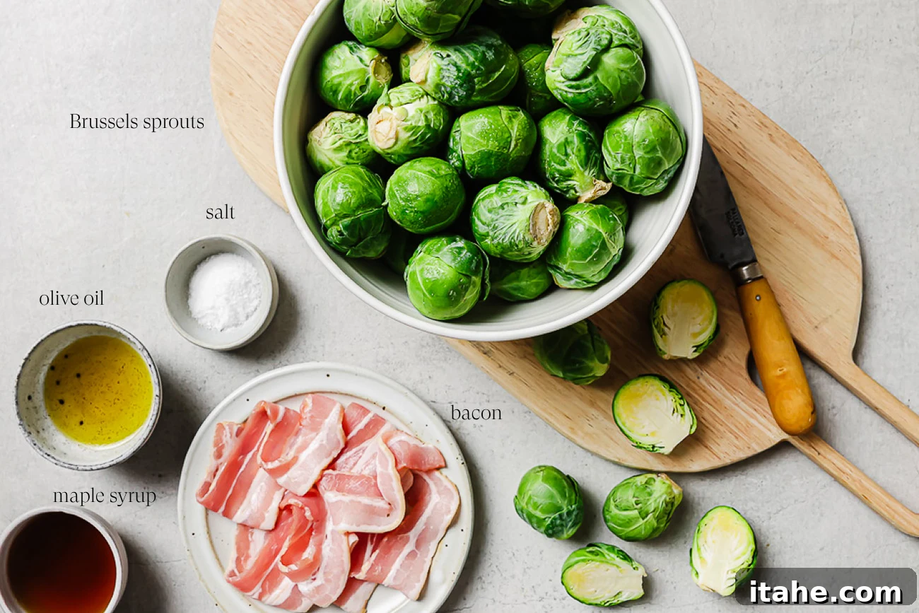 Caramelized Maple Bacon Brussels Sprouts 3 ingredients on the countertop to make brussels sprouts.