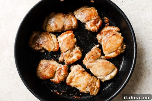 Raw chicken thighs in a cast iron skillet