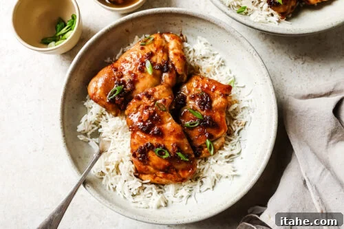 Honey garlic chicken thighs served over rice in a white bowl, garnished.