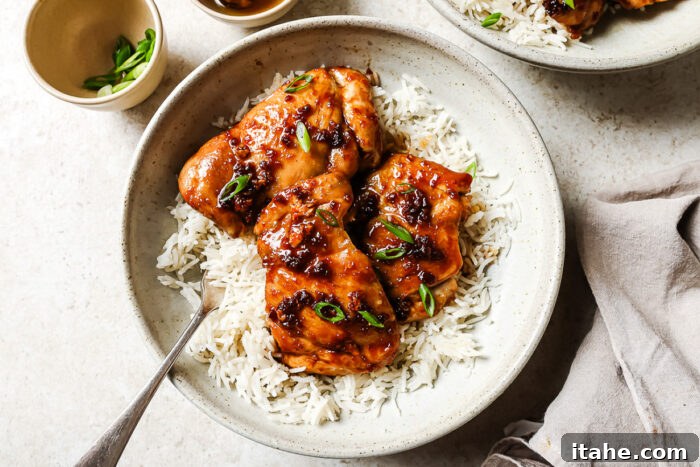 Sticky Honey Garlic Thighs 7 Close-up of honey garlic chicken thighs served over rice in a white bowl.